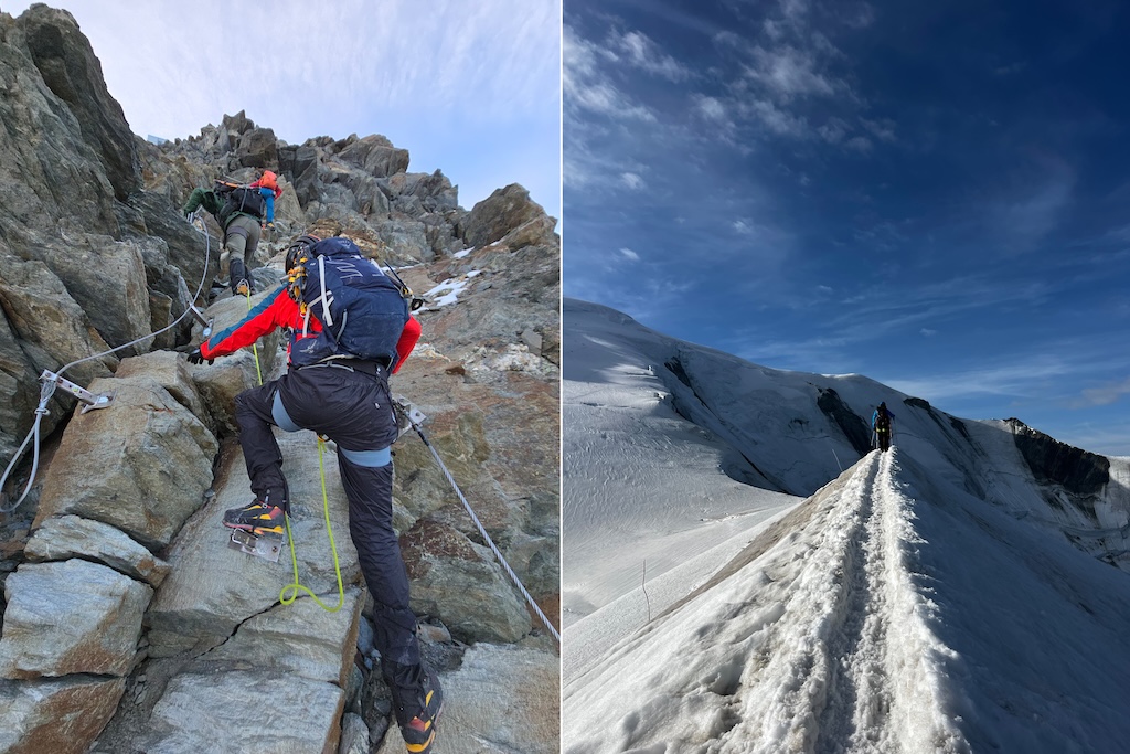 Альпіністи на скелях Aiguille du Goûter і на вузькому фірновому гребені Монблану